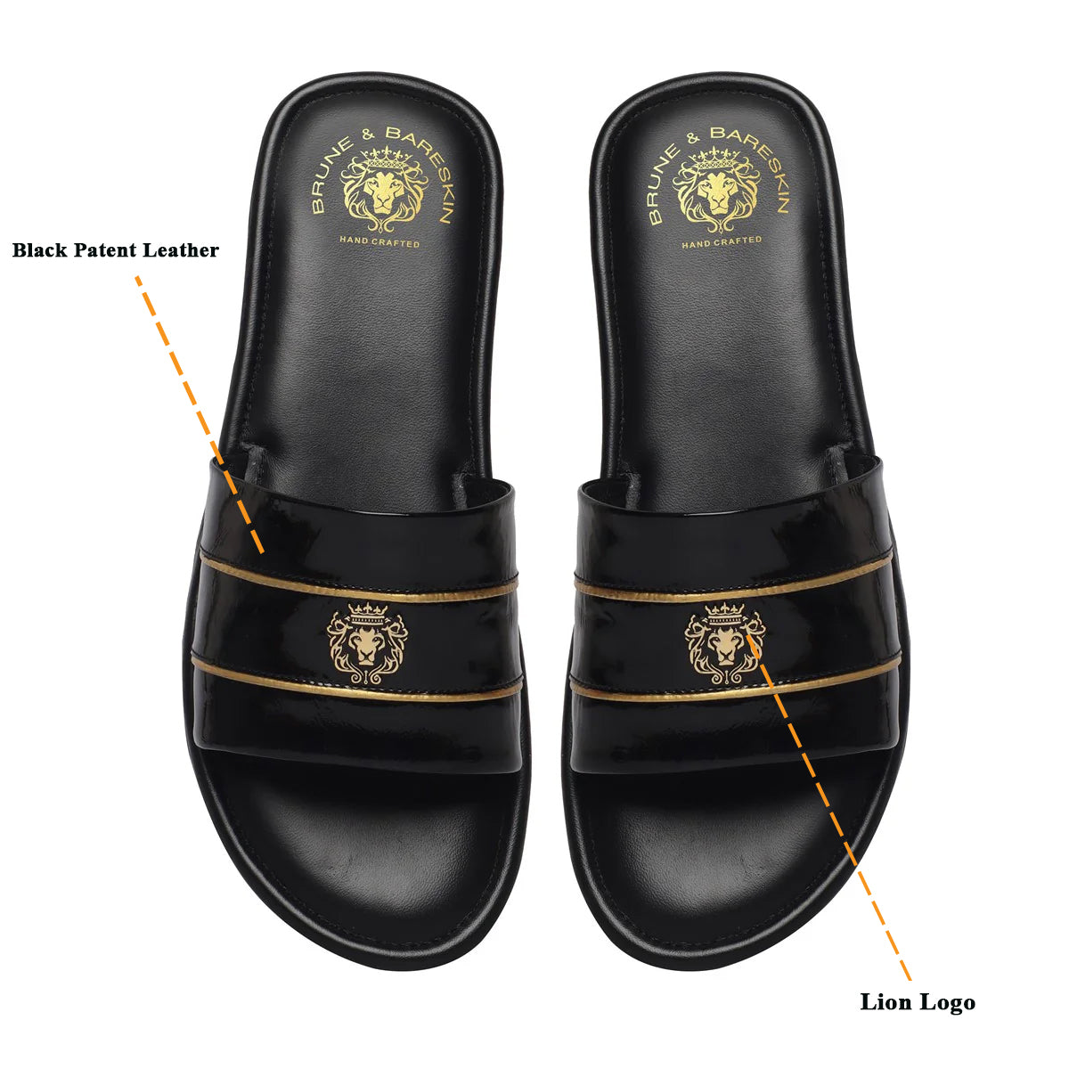 Black Patent Leather Slide-In-Slippers with Signature Metal Lion