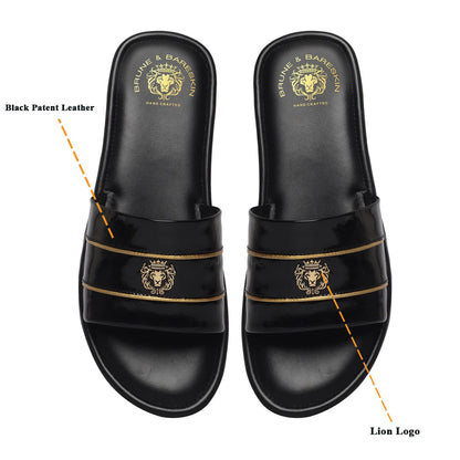 Black Patent Leather Slide-In-Slippers with Signature Metal Lion