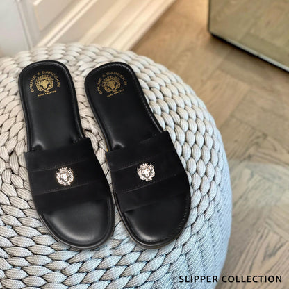 Black Suede Leather Strap Slide-in Slippers