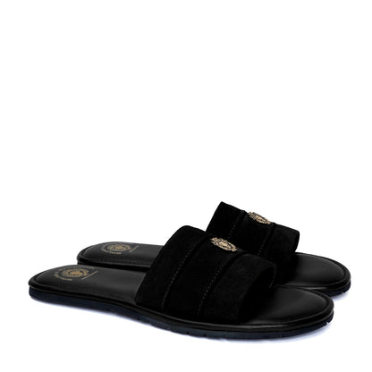 Black Suede Leather Strap Slide-in Slippers