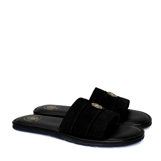 Black Suede Leather Strap Slide-in Slippers