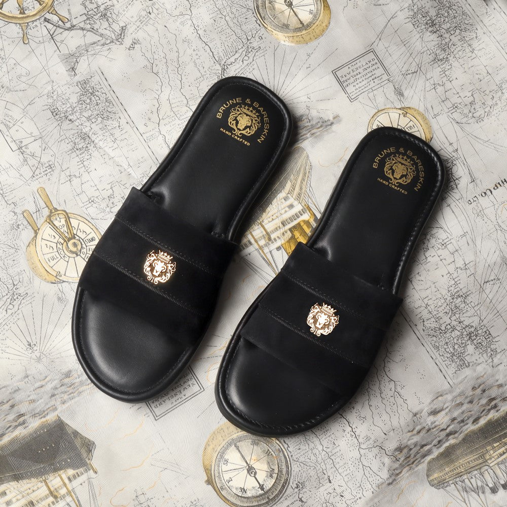 Black Suede Leather Strap Slide-in Slippers
