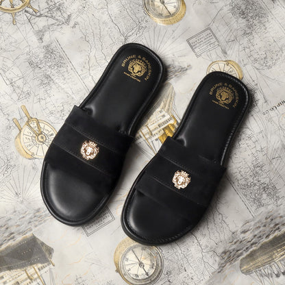 Black Suede Leather Strap Slide-in Slippers