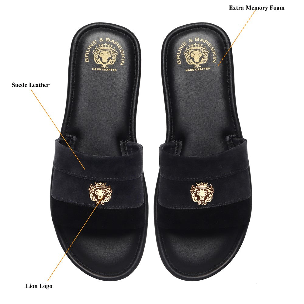 Black Suede Leather Strap Slide-in Slippers