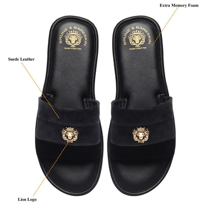 Black Suede Leather Strap Slide-in Slippers