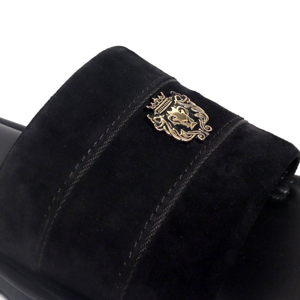 Black Suede Leather Strap Slide-in Slippers