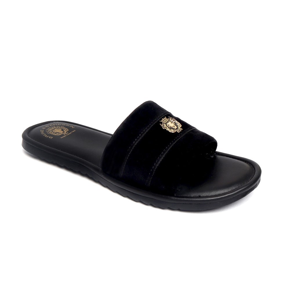 Black Suede Leather Strap Slide-in Slippers