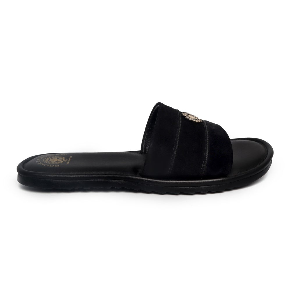 Black Suede Leather Strap Slide-in Slippers