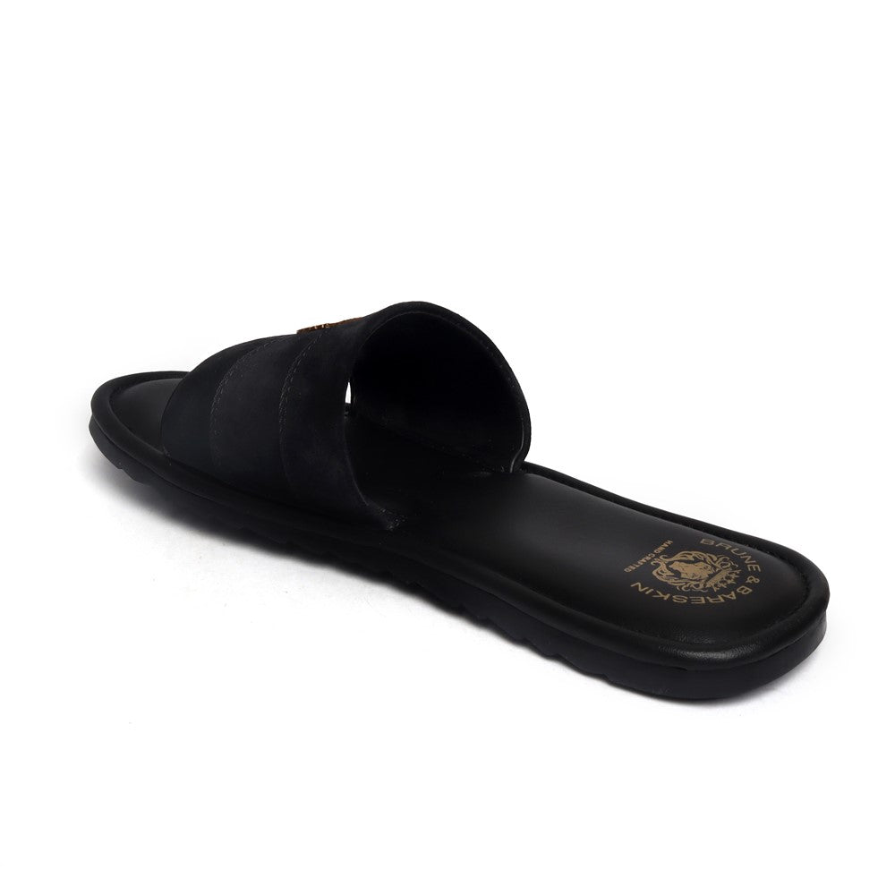 Black Suede Leather Strap Slide-in Slippers