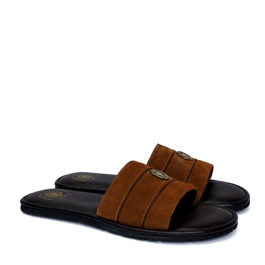 Contrasting Strap Slide-in Slippers with Orange Suede Leather