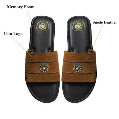 Contrasting Strap Slide-in Slippers with Orange Suede Leather