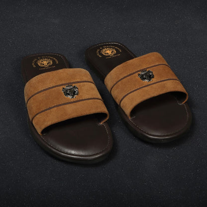 Contrasting Strap Slide-in Slippers with Orange Suede Leather