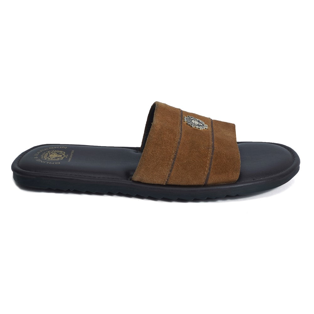Contrasting Strap Slide-in Slippers with Orange Suede Leather