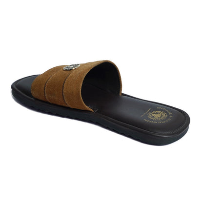 Contrasting Strap Slide-in Slippers with Orange Suede Leather