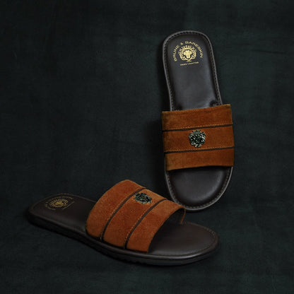 Contrasting Strap Slide-in Slippers with Orange Suede Leather