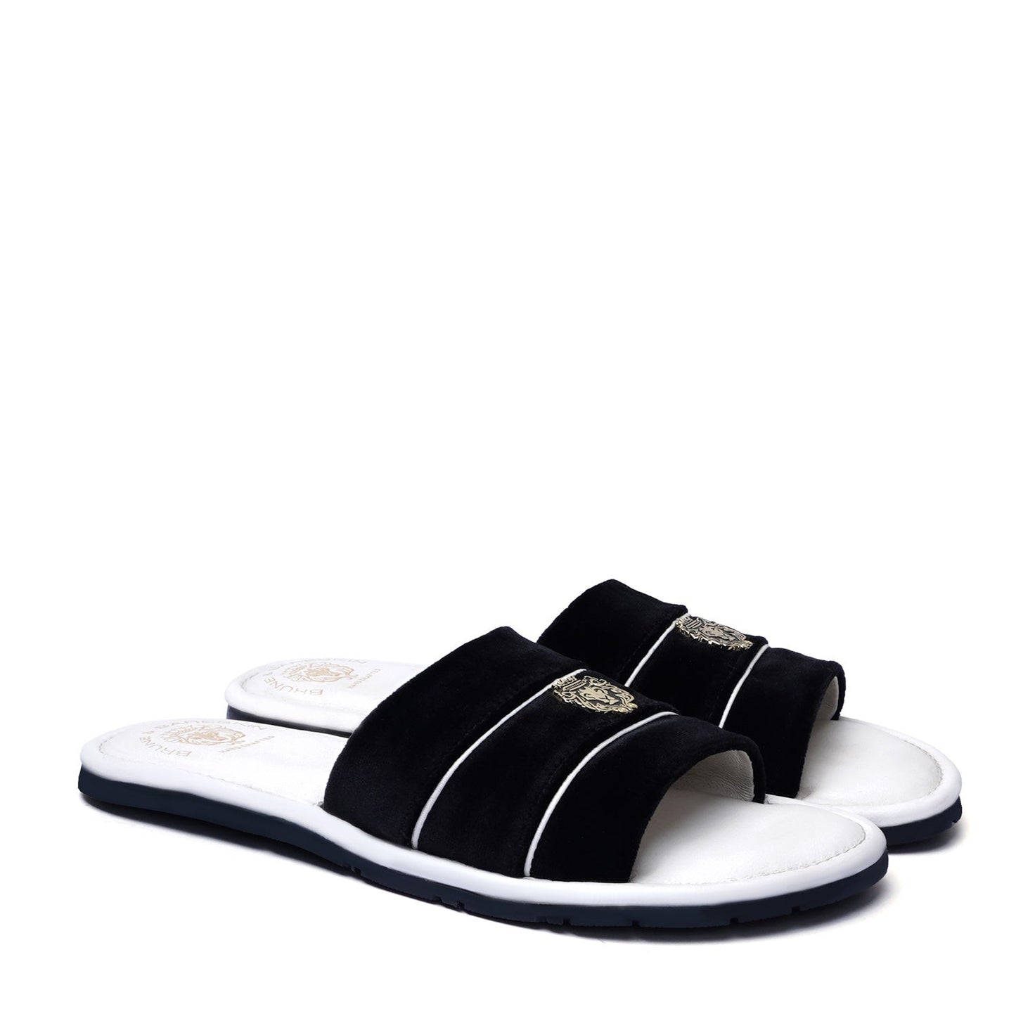 Black Velvet Strap White Leather Slide-in Slippers