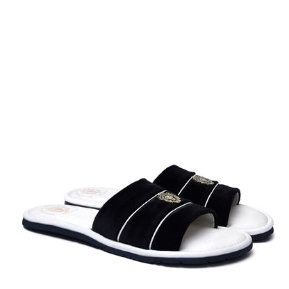 Black Velvet Strap White Leather Slide-in Slippers