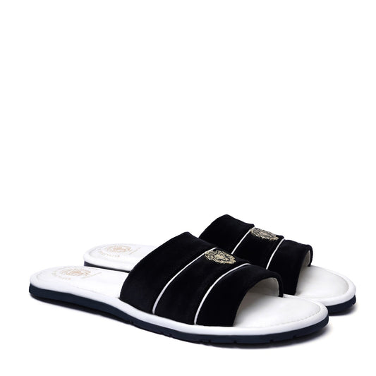 Black Velvet Strap White Leather Slide-in Slippers