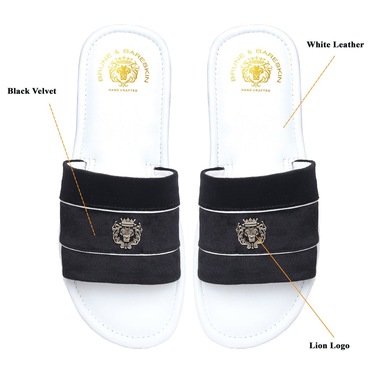 Black Velvet Strap White Leather Slide-in Slippers