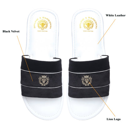 Black Velvet Strap White Leather Slide-in Slippers