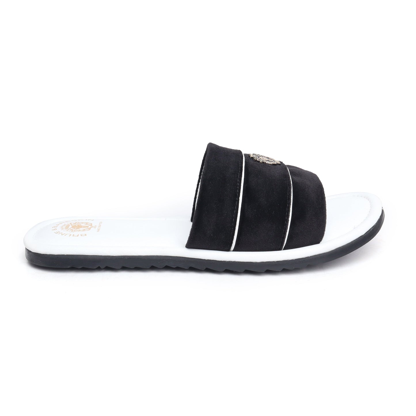 Black Velvet Strap White Leather Slide-in Slippers