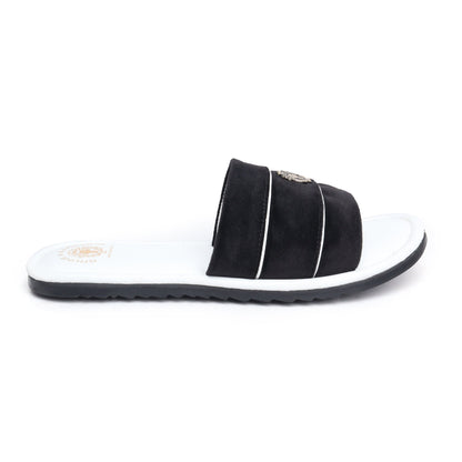 Black Velvet Strap White Leather Slide-in Slippers