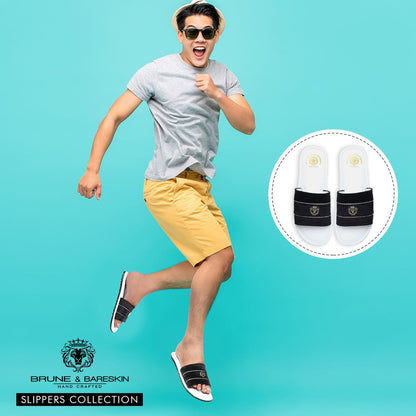 Black Velvet Strap White Leather Slide-in Slippers