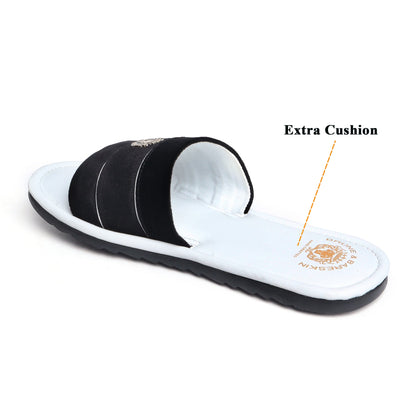 Black Velvet Strap White Leather Slide-in Slippers