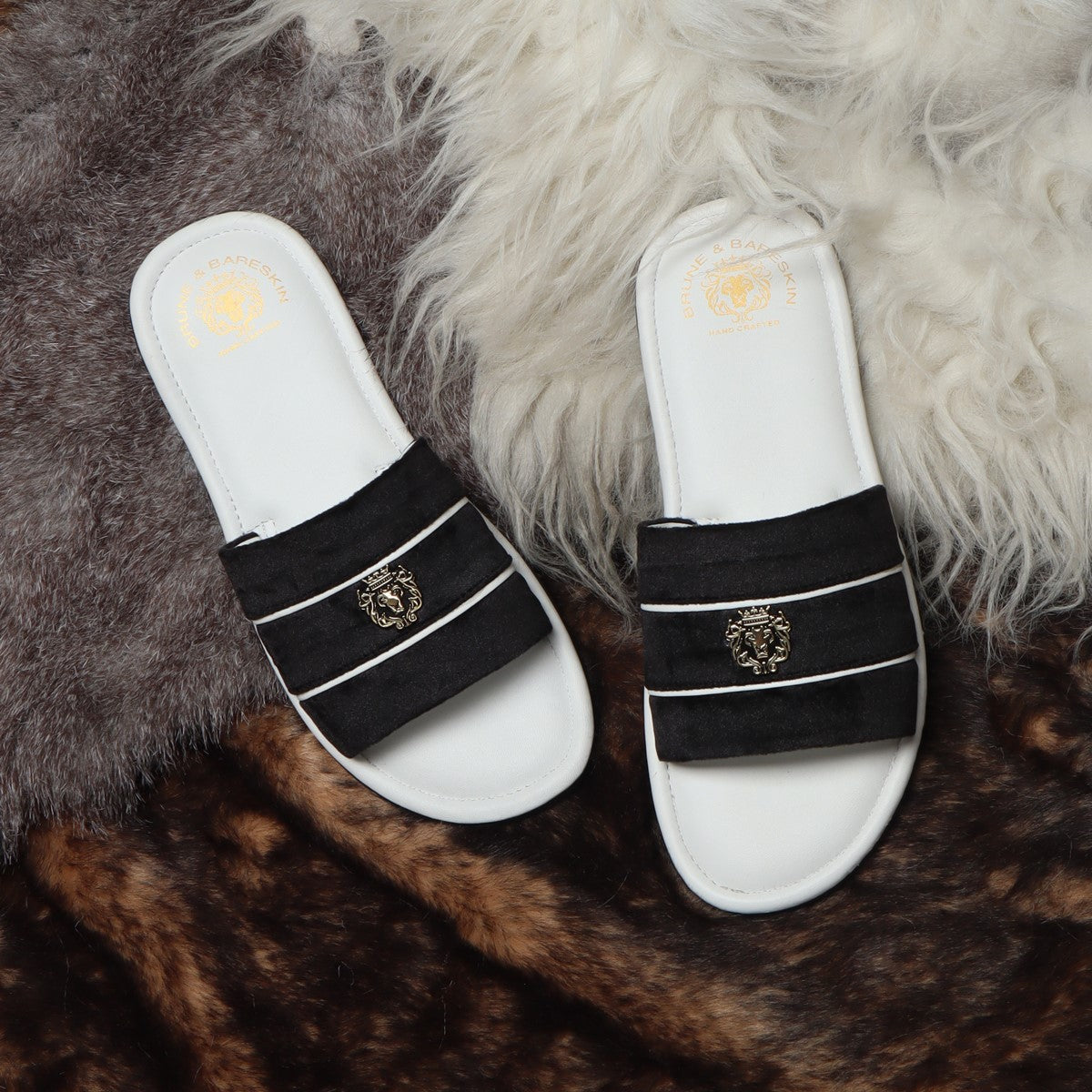 Black Velvet Strap White Leather Slide-in Slippers