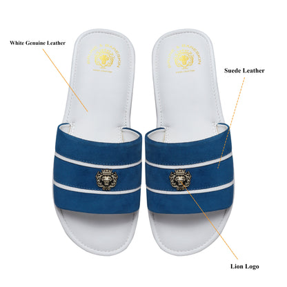Blue Suede Strap White Leather Slide-in Slippers