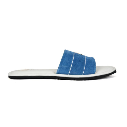 Blue Suede Strap White Leather Slide-in Slippers