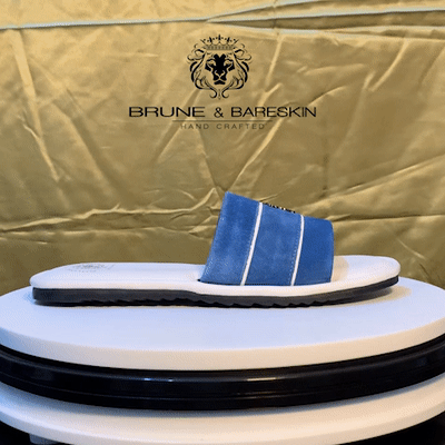 Blue Suede Strap White Leather Slide-in Slippers